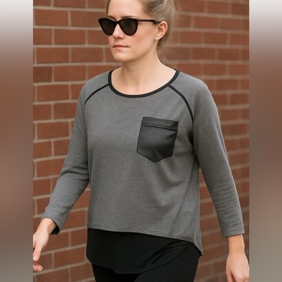 Tops - 💝Free💝Gray and Black Long Sleeve Top with faux leather pocket small